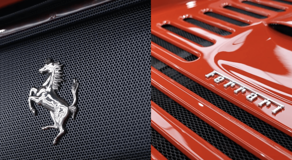 Ferrari 內飾環保膠黏化修復及躍馬金屬章超聲波打磨翻新
